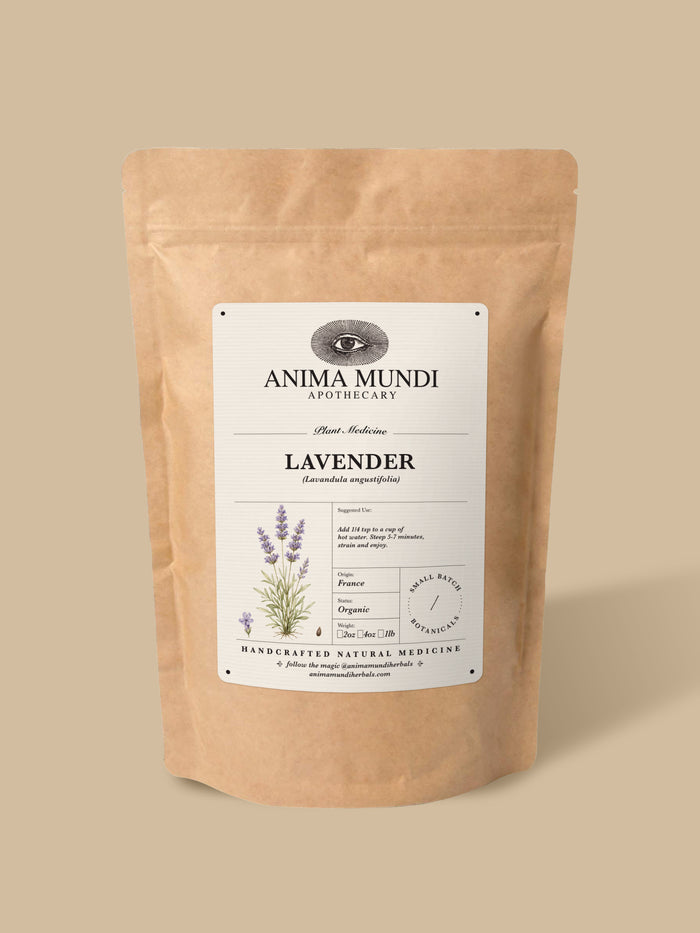 A kraft paper stand-up pouch of Anima Mundi Apothecary Lavender, featuring a white label with botanical illustrations, set against a solid beige background.