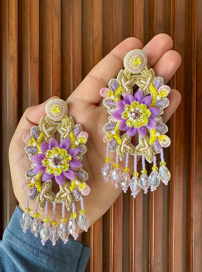 Lavender & Yellow Handmade Beaded Floral Chandelier Earrings