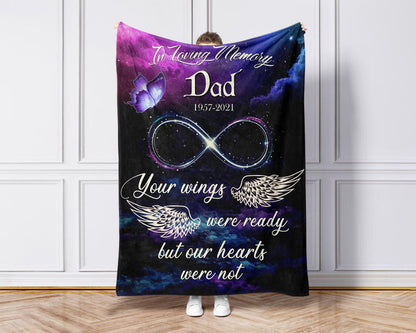 Loss Of Father Angel Wings Memorial Blankets, Personalized Sympathy Blankets