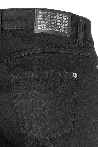 Close-up of back pocket and MAC logo patch on MAC Jeans 5228-90-0387L D999 Black Wide Authentic Stretch Denim Jeans by Mac Jeans, shop Mac Jeans at Dotique