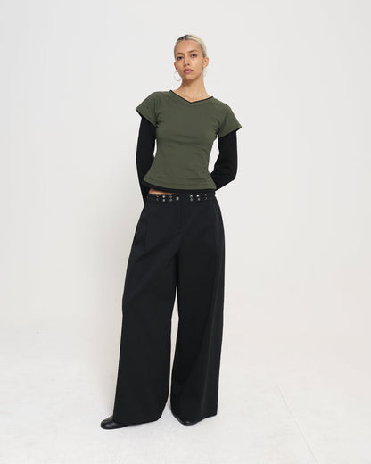 MADELEINE LAYERED TEE - Olive / Black