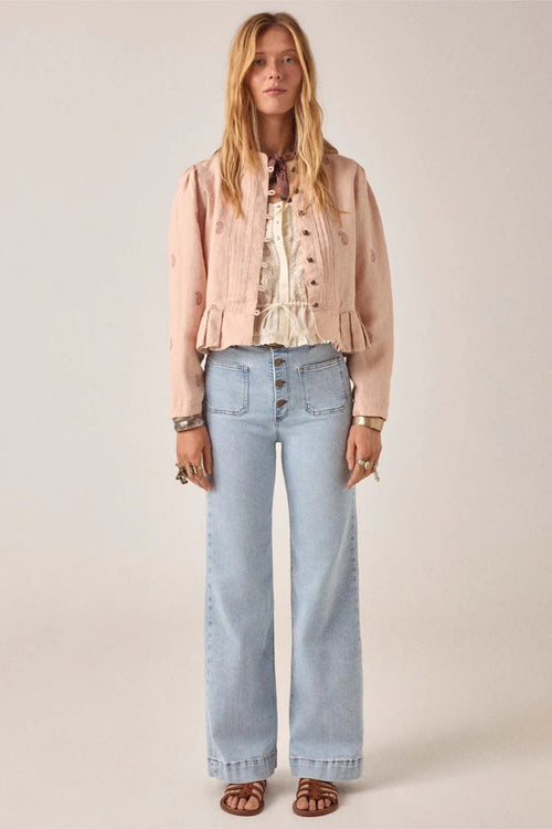 Front view of model wearing Maison Hotel Edgar Jacket Antique Blush styled outfit Shop Maison Hotel at Dotique gallery 1
