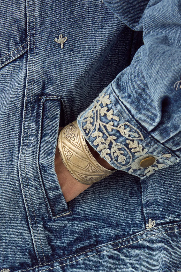 Close-up of embroidered cuff on Maison Hotel Loretta Jacket Arizona Haze showcasing detailed stitching Shop Maison Hotel at Dotique gallery 1