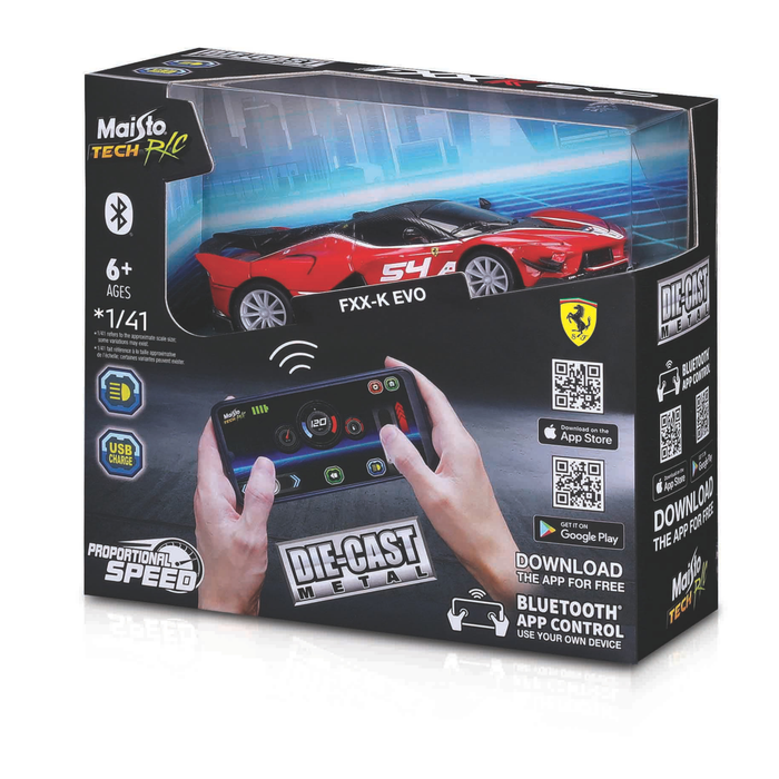 A boxed Maisto Mini Metal Diecast R/C Car in red Ferrari FXX-K EVO style, Bluetooth app controlled via smartphone. Packaging shows Maisto Tech R/C logo, 6+ age recommendation, and app store logos—perfect for RC car fans.