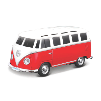 The Maisto Mini Metal Diecast R/C Car is a red and white Volkswagen van with black windows, chrome accents, and the VW logo on the front, shown from a front-side angle against a white background.