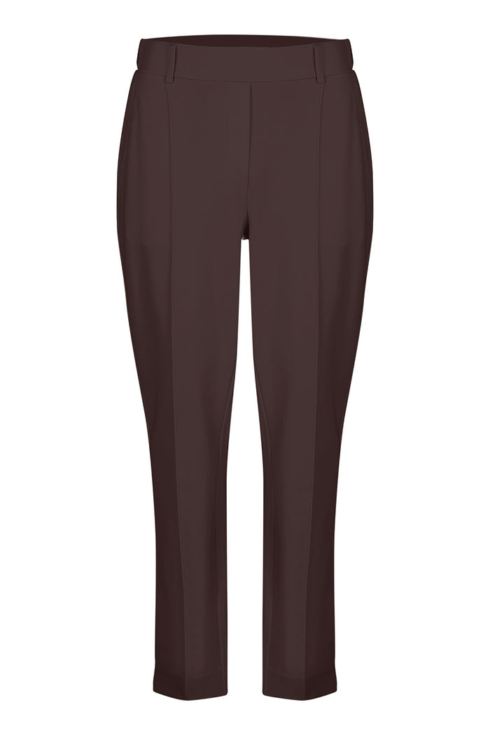 Shop the Margittes Smart Tapered Joggers in Chocolate Brown at Dotique. Cotton-modal stretch trousers with a flattering tapered fit, front seam detail and effortless everyday style.