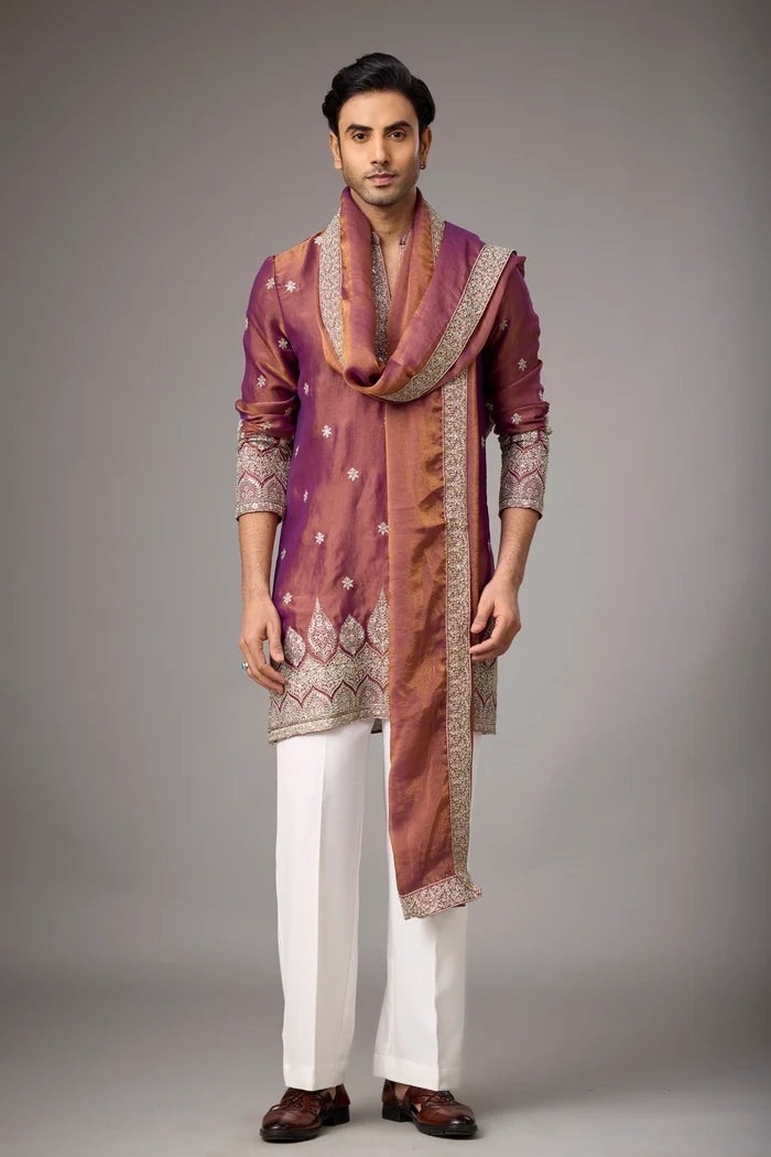 Kurta with Stole for Men – Royale Embroidered Maroon Ethnic Wear | Mahavir NX