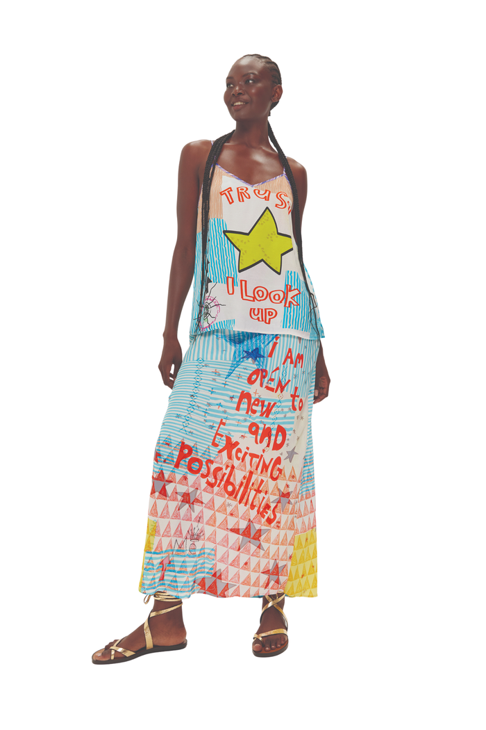 Model wearing Me369 Blakely Runic Whisper Slip Skirt by Me369 Shop Me369 at Dotique for bold, creative style.