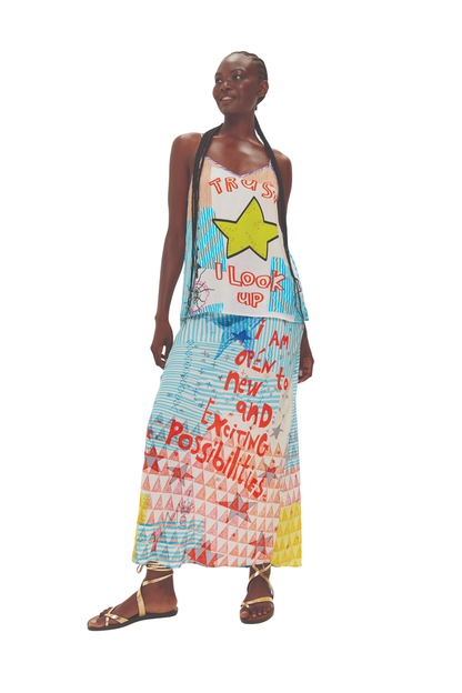 Model wearing Me369 Blakely Runic Whisper Slip Skirt by Me369 Shop Me369 at Dotique for bold, creative style.