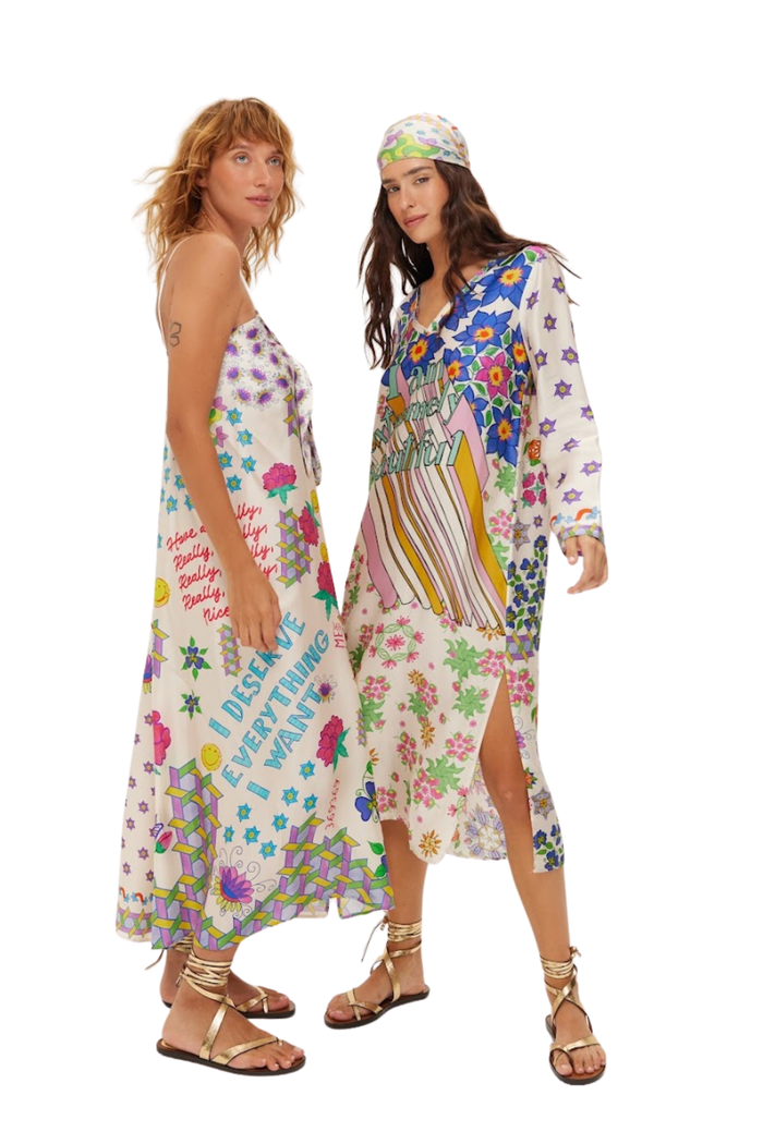 Two models wearing Me369 Eli Markers Stripeless Dress by Me369 shop the vendor at Dotique for unique vibrant styles