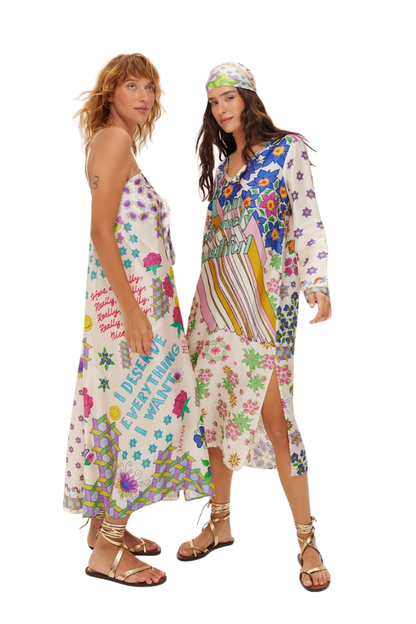 Two models wearing Me369 Eli Markers Stripeless Dress by Me369 shop the vendor at Dotique for unique vibrant styles