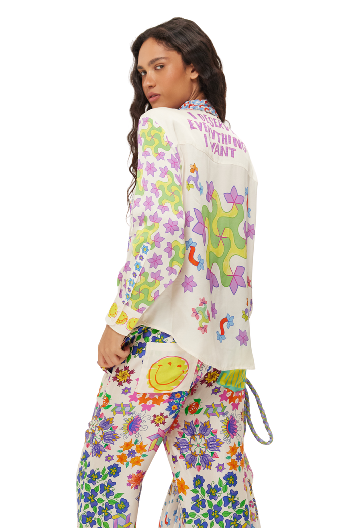 Model wearing Me369 Isabel Markers Printed Shirt by Me369 shop the vibrant collection at Dotique