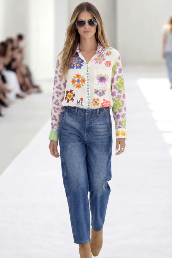Model wearing Me369 Isabel Markers Printed Shirt by Me369 vibrant multicolor design Shop Me369 at Dotique