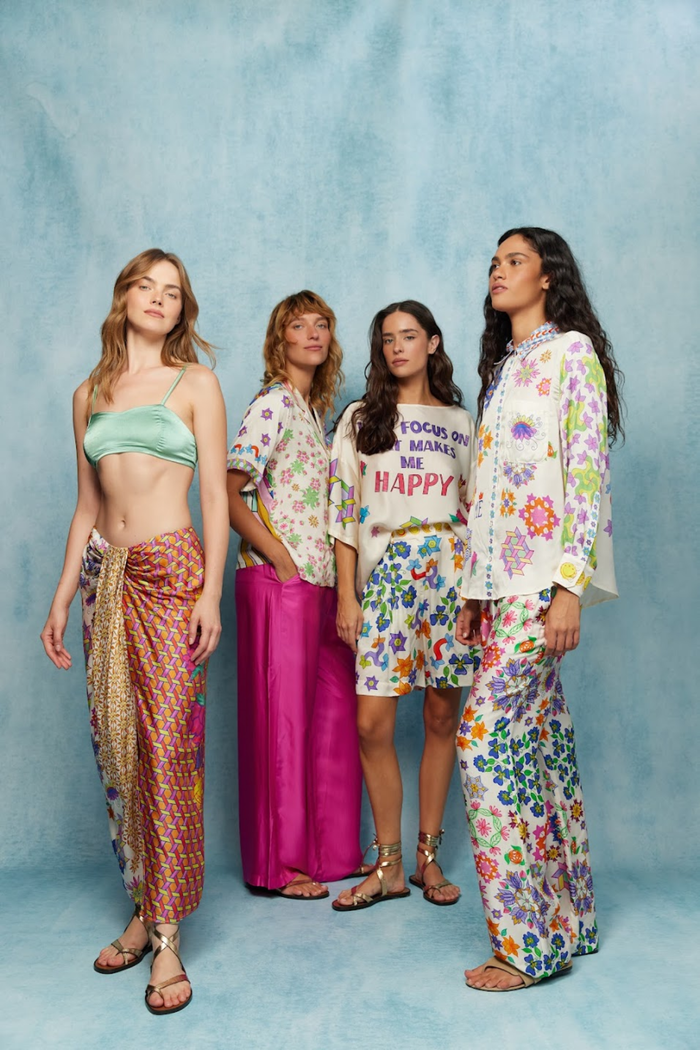 Models wearing Me369 Isabel Markers Printed Shirt by Me369, shop the vibrant Me369 collection at Dotique fashion retailer