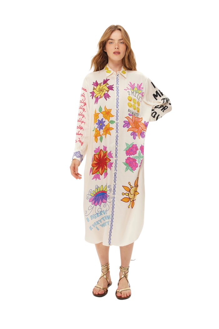 Woman wearing Me369 Vivi Markers Dress with colorful floral and graphic prints by Me369 Shop Me369 at Dotique