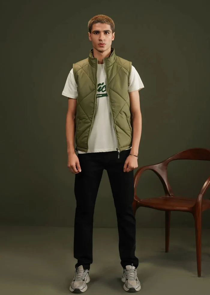 Men's olive quilted bubble vest with full-zip front and stand collar