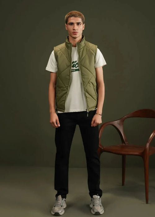Men's olive quilted bubble vest with full-zip front and stand collar