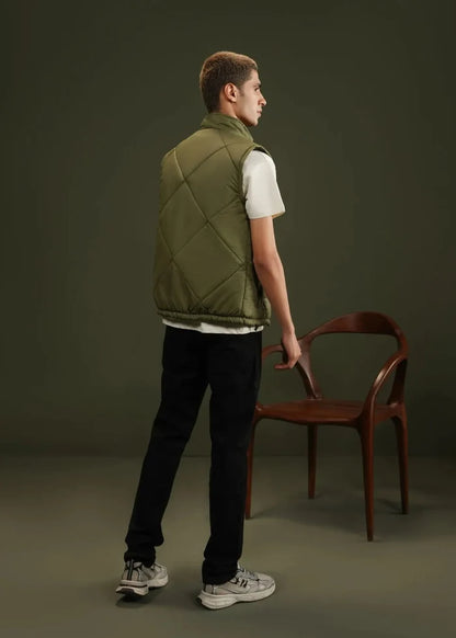 Men's olive quilted bubble vest, side view, stand collar and zip front