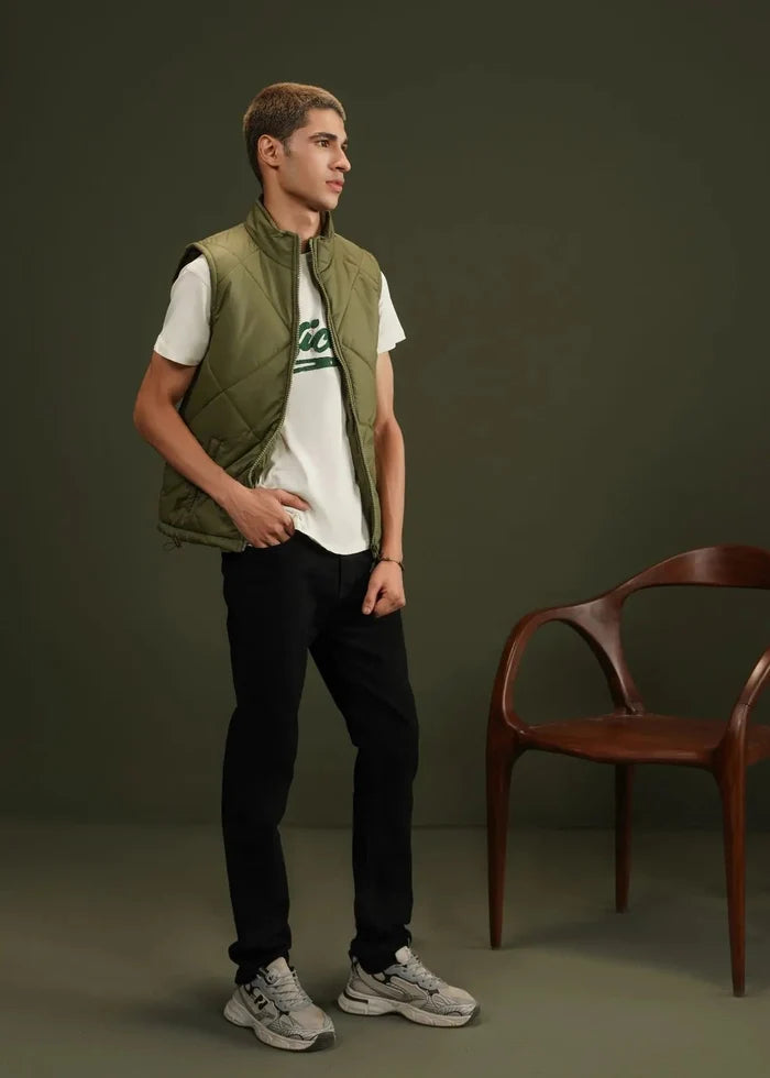 Men's olive quilted bubble vest front view, stand collar and zip front