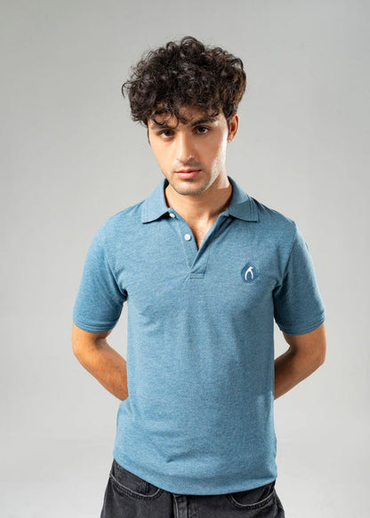 Men's blue polo shirt with short sleeves, button placket, and small chest logo