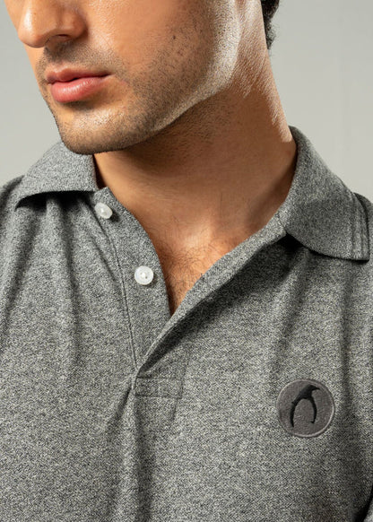 Men's grey short-sleeve polo shirt, button placket and fold-over collar