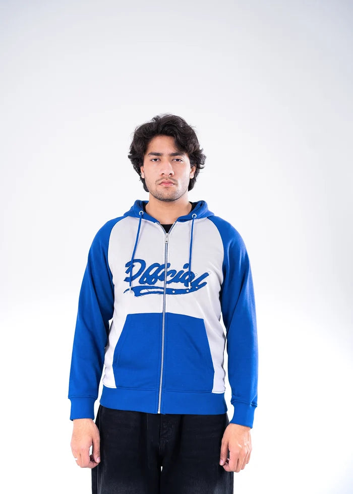 Men's color-block full-zip hoodie with hood, blue sleeves and light front panel