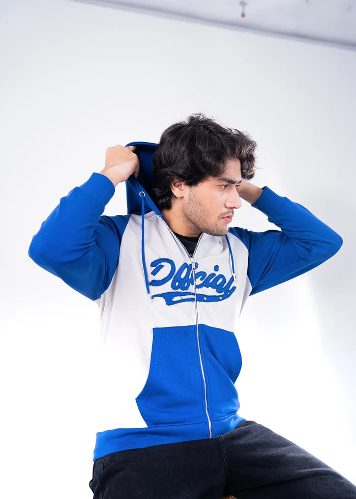 Men's color-block full-zip hoodie with hood, blue and white front, hands on head