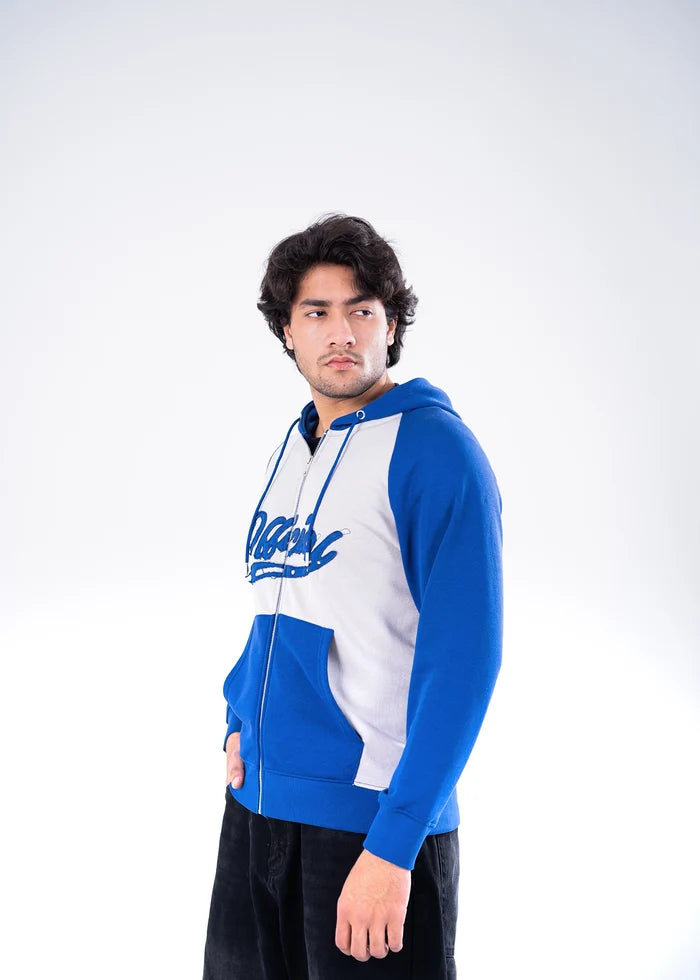 Men's color-block full-zip hoodie with hood, side view; blue sleeves over white body