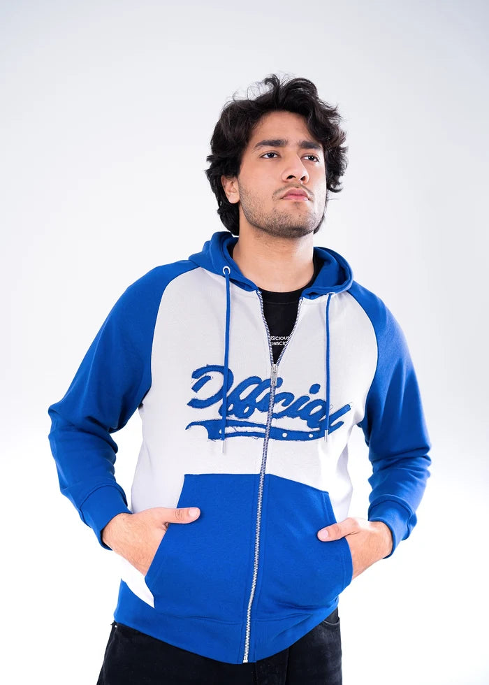 Men's color-block full-zip hoodie with hood; zipper front and logo graphic on chest
