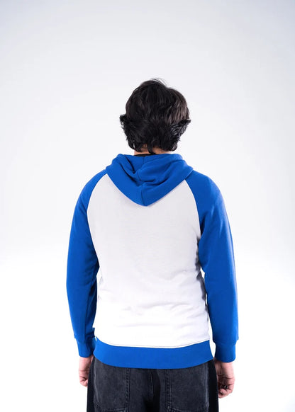 Men's color-block full-zip hoodie with hood, back view; white back panel and blue sleeves