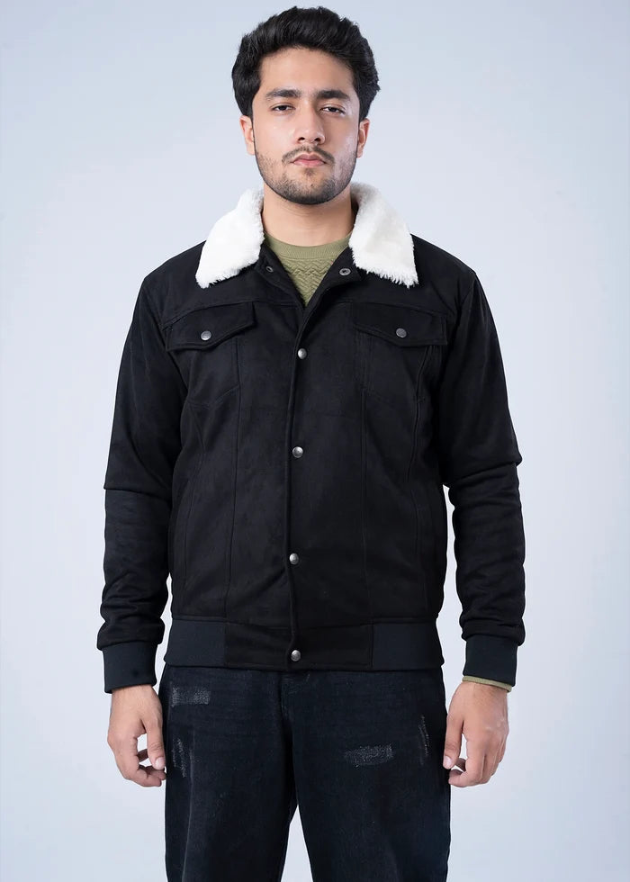 Men's black suede winter jacket with white sherpa collar and front snap placket