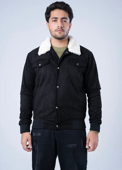 Men's black suede winter jacket with white sherpa collar and front snap placket