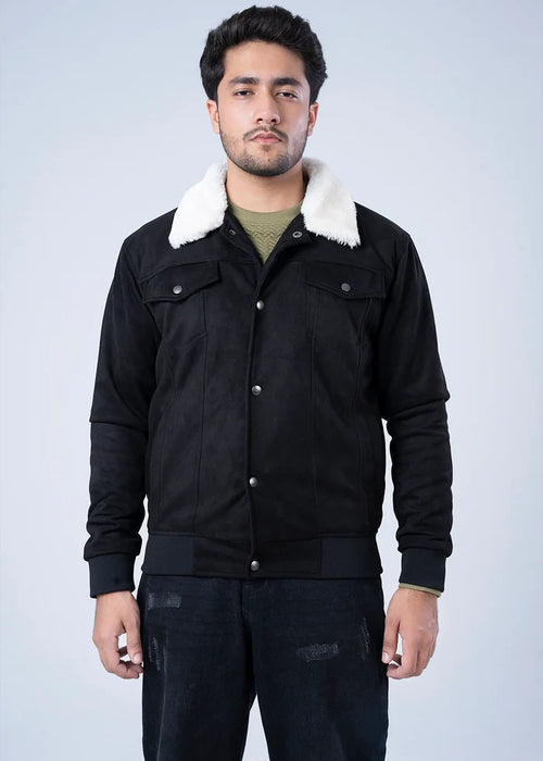 Men's black suede winter jacket with white sherpa collar and front snap placket