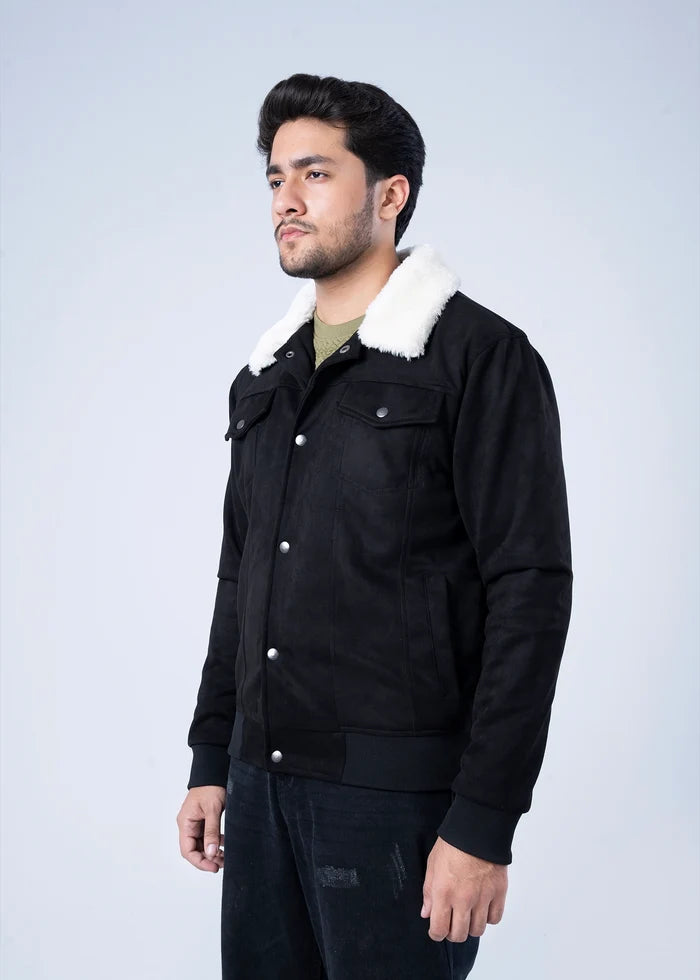 Men's black suede winter jacket, side view with white sherpa trim at collar