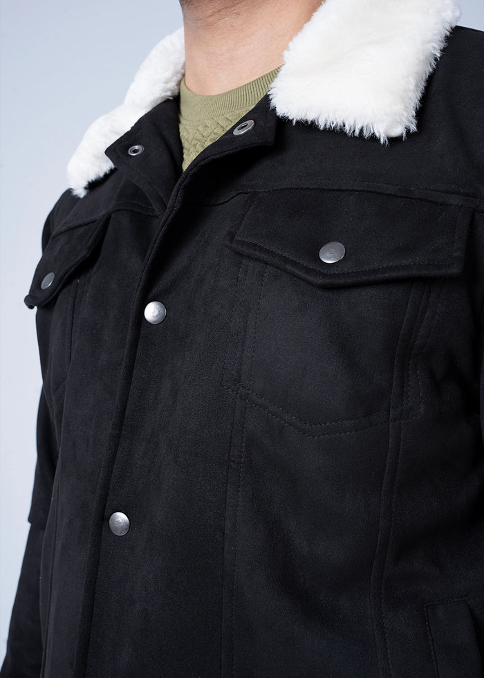 Black suede jacket front detail with white sherpa collar, snap buttons, chest pockets