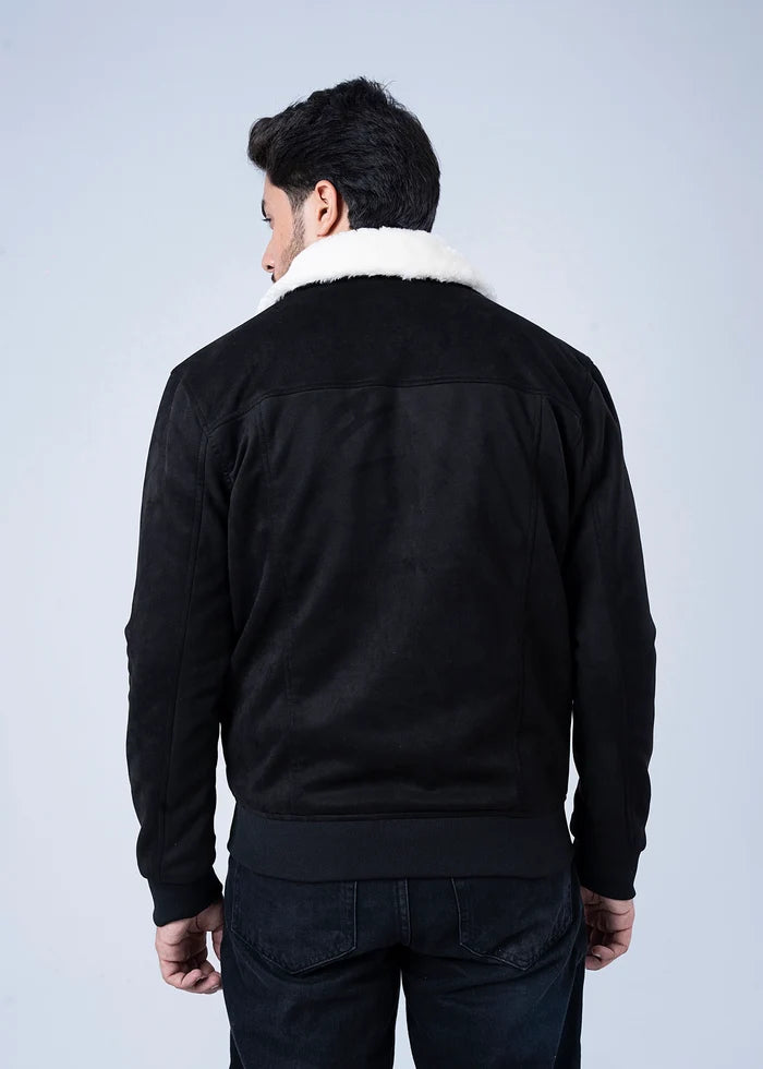 Men's black suede winter jacket, back view with stand collar sherpa lining