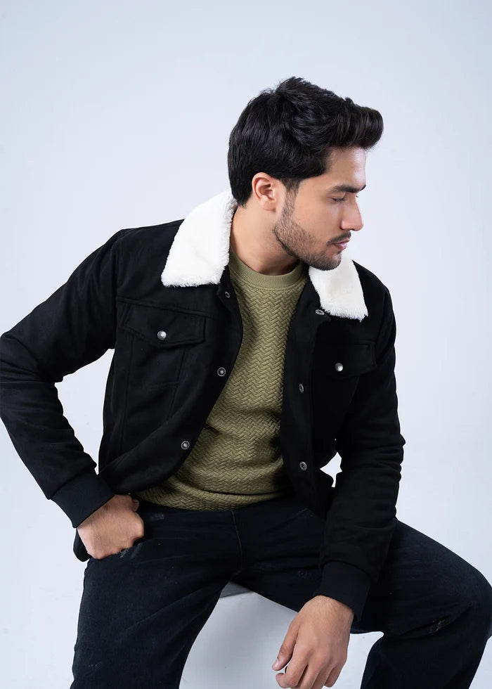 Men's black suede winter jacket, angled side view with white sherpa collar trim