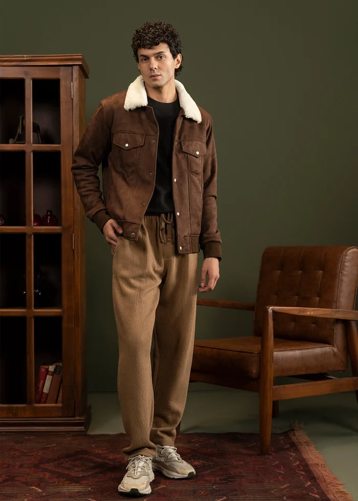 Men's brown suede winter jacket with sherpa-lined collar and snap pockets