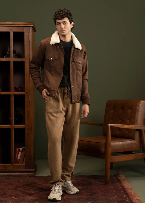 Men's brown suede winter jacket with sherpa-lined collar and snap pockets