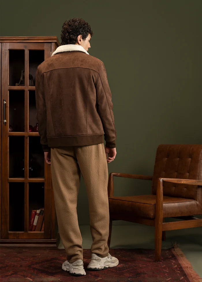 Men's brown suede winter jacket, sherpa collar, rear view