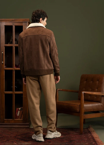 Men's brown suede winter jacket, sherpa collar, rear view