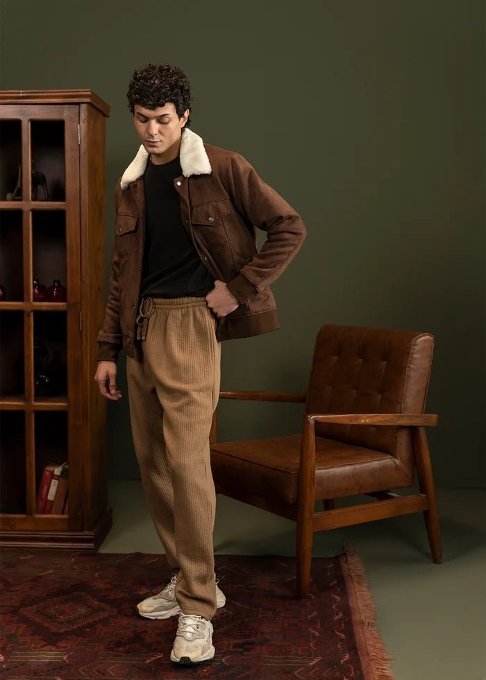 Men's brown suede winter jacket with sherpa collar and button front