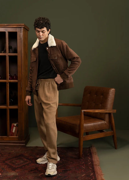 Men's brown suede winter jacket with sherpa collar and button front