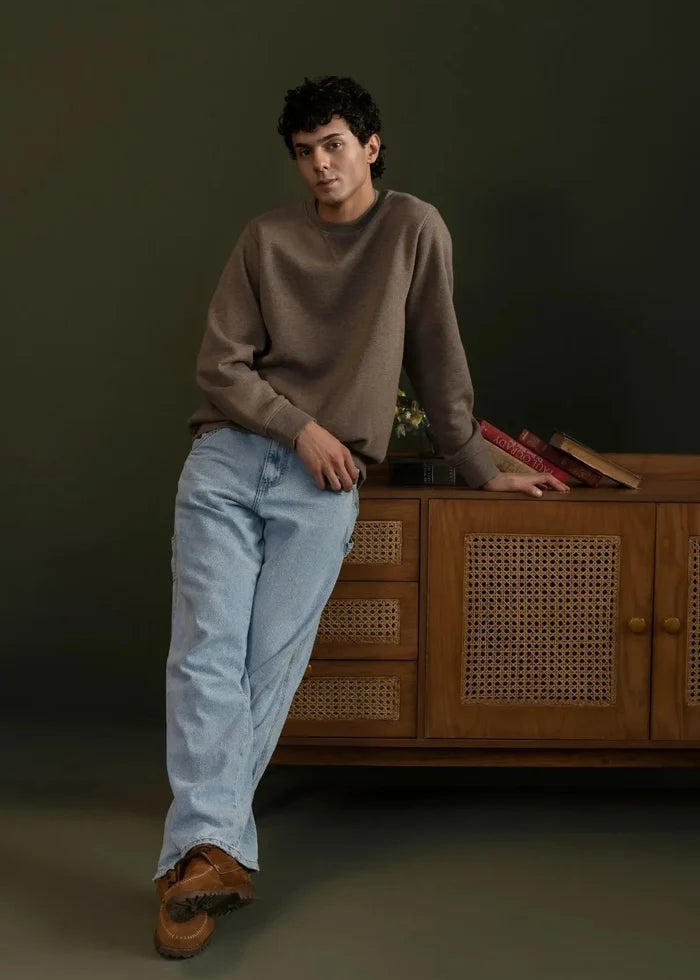 Men's brown terry sweatshirt, crewneck pullover with ribbed cuffs