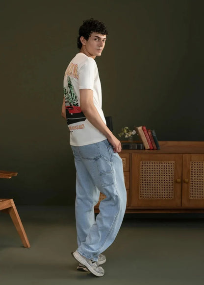 Off-white cotton jersey T-shirt with large back graphic, side/back view