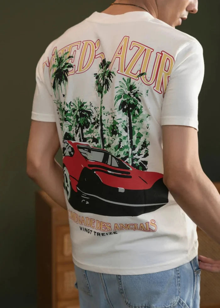 Off-white T-shirt back print with colorful artwork and car graphic