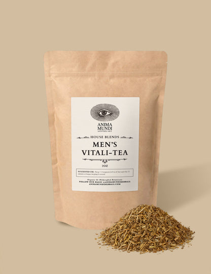 Package of Men's Vitali-Tea with loose tea on a beige background