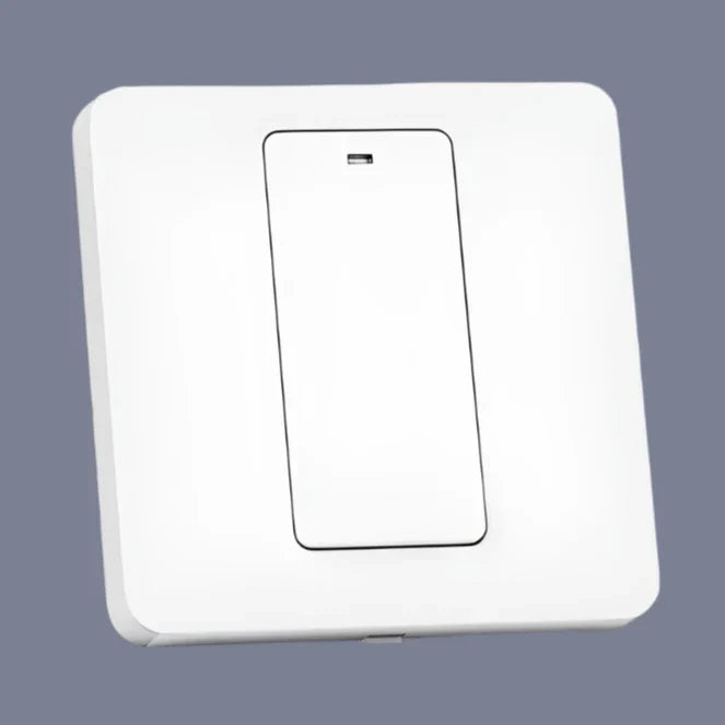 A white light switch with a button on it and a white background