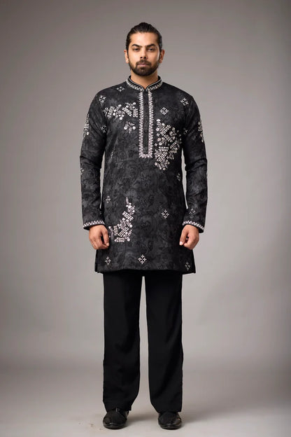 Midnight Black Floral Embroidered Kurta Set for Men | Mahavir NX