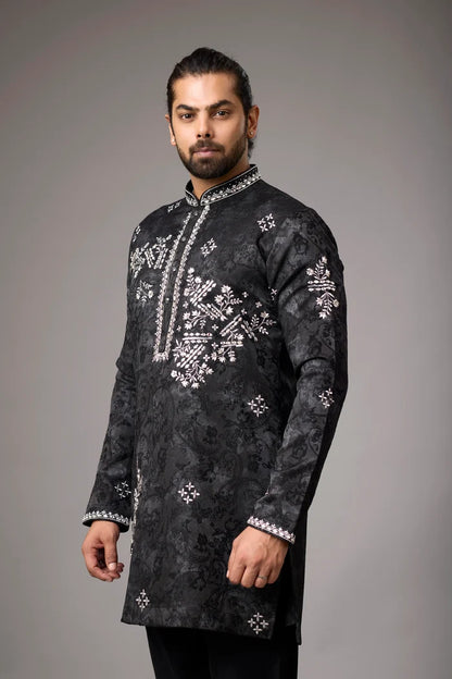 Floral Embroidered Black Kurta Set – Wedding & Reception Wear | Mahavir NX